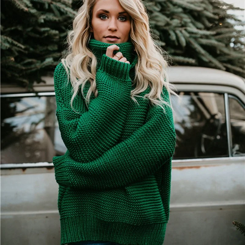 

Women Oversize Turtleneck Knitted Sweater Winter Casual Loose Bat Sleeve Twist Warm Pullovers Female Black Thick Sweater Clothes