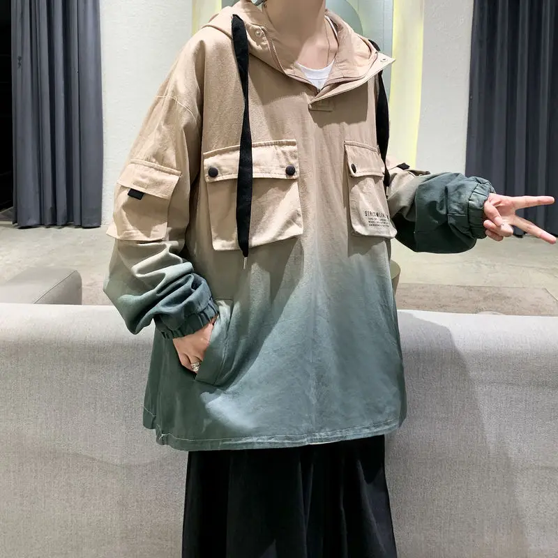 

Куртка мужская с капюшоном градиентного цвета, модная Свободная Повседневная Уличная одежда в Корейском стиле, куртка с капюшоном в стиле х...