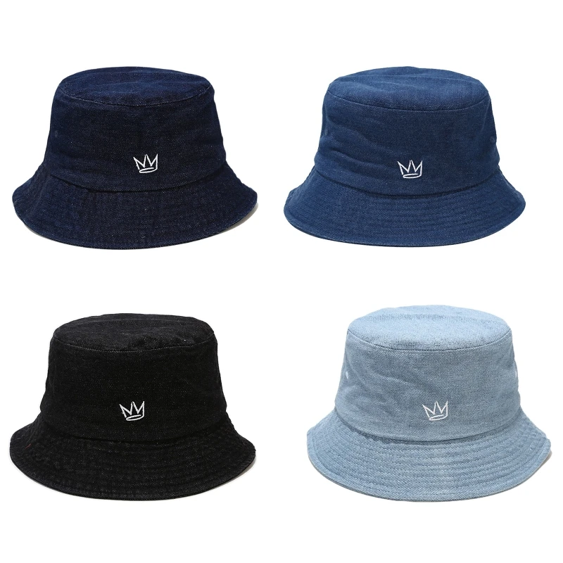 

Unisex Vintage Washed Denim Bucket Hat Crown Embroidery Sunscreen Fisherman Cap