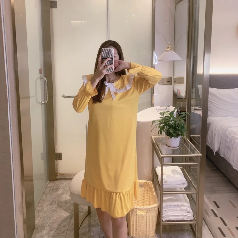 Spring Autumn Long Sleeve Fairy Palace Nightdress Women Doll Collar Princess Wind Milk Silk Striped Nightgown Home Clothes