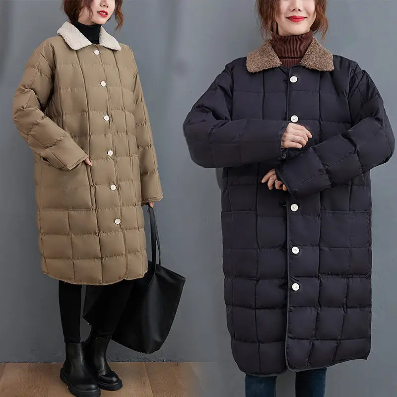 

Lapel Casual Warm Mid-Length Down Padded Jacket Thicken Loose Parkas Winter Women's Quilted Outerwear Abrigos M1542
