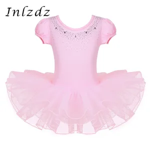 Детское балетное платье для девочек сетчатая короткая танцевальная одежда с рукавами-пузырьками Блестящие Стразы балетное платье-пачка для гимнастики и гимнастики