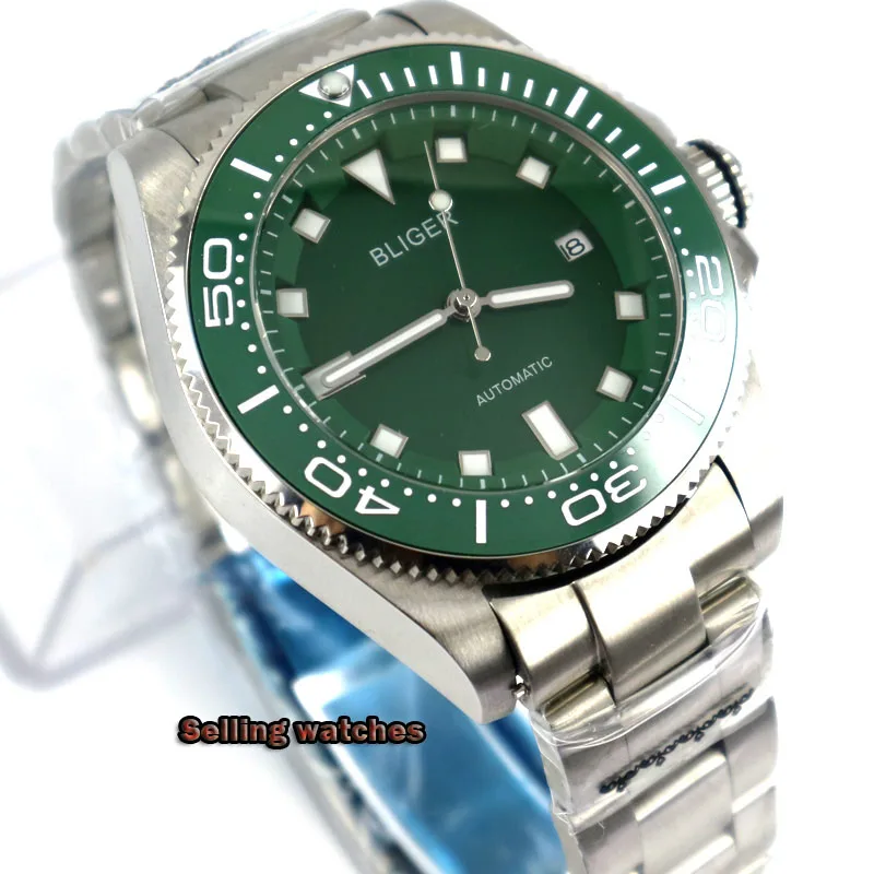 

BLIGER 43mm Fashional Mechanical Watch Men Green Dial Date Indicator Steel Band MIYOTA Movement