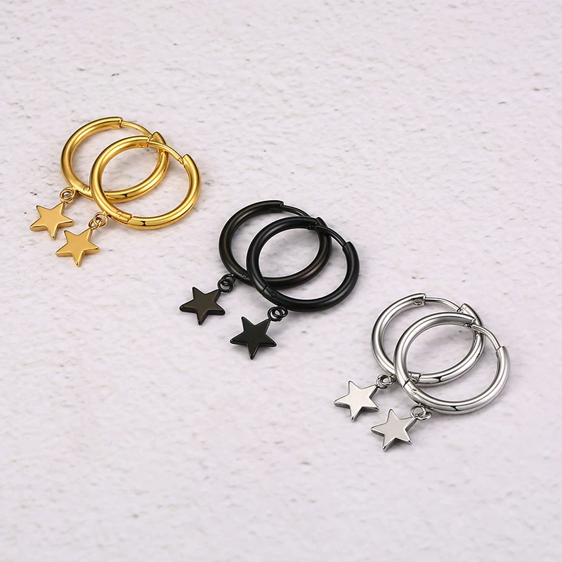 

BLACK STAINLESS STEEL STAR CHARM HUGGIE HOOP EARRINGS FOR MEN WOMEN UNISEX JEWELRY
