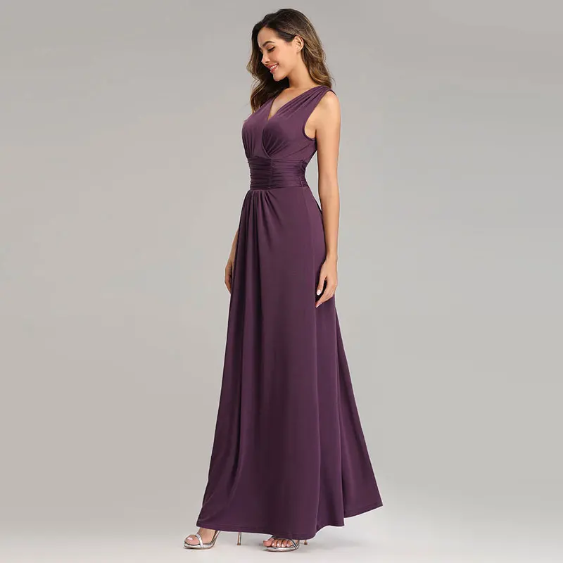Beauty Emily Flexible V Neck Chiffon Evening Dresses Long Sleeveless Plus Size Open Back Pleated Formal Prom Gowns for Party