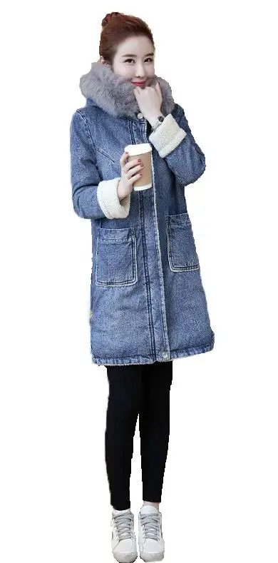 

2020 Winter new women's clothing mid-length big fur collar denim cotton coat fleece cashmere cotton-padded jacket plus size pock
