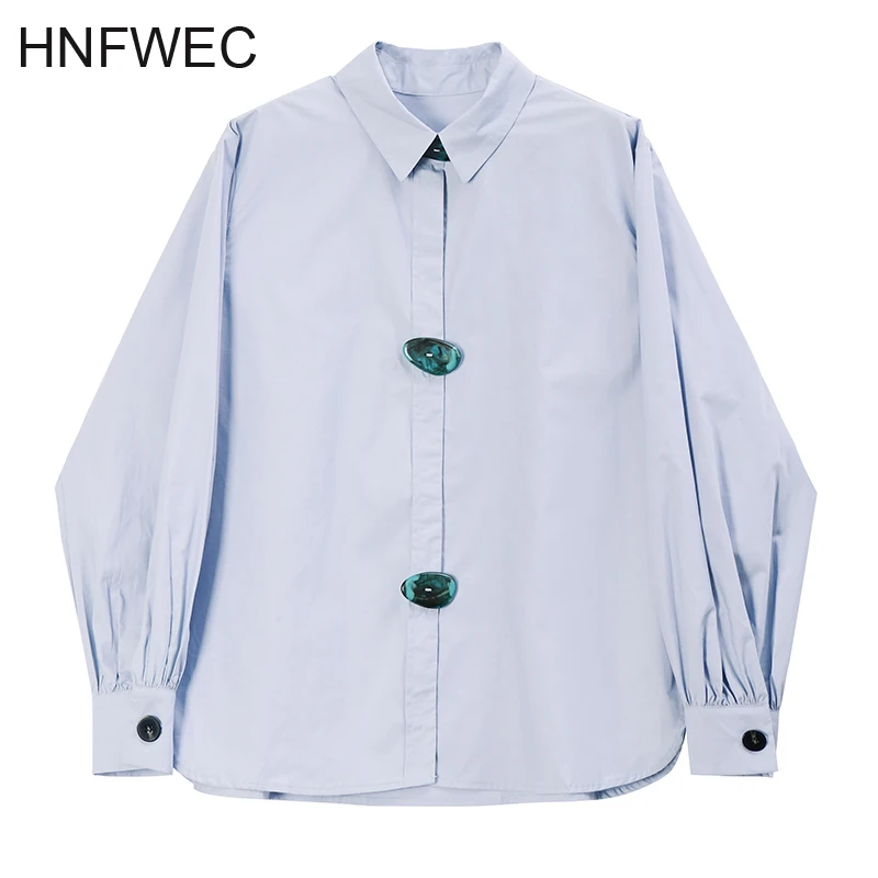 

Women Blue Temperament Big Size Blouse New Lapel Long Lantern Sleeve Loose Fit Shirt Fashion Tide Spring Autumn 2020 V898