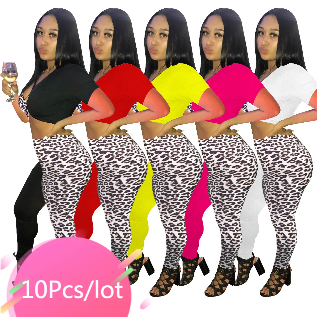 

Bulk Wholesale Item Lots Two Piece Outfits Women Lace Up Crop Tops Leopard Print Long Pants Sets Casual Streetwear Matching Set