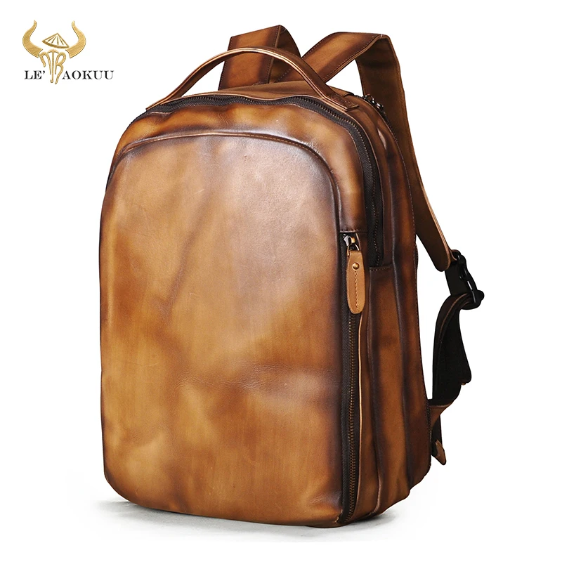 

2021 Men Thick Cow Leather Unique Travel Bag University School College Bag Design Male Laptop Backpack Daypack Student Bag 621