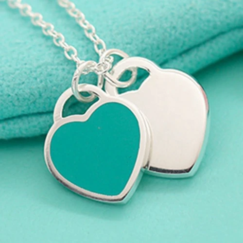blue double hearts DOYUBO бренд, чистое серебро, Красная эмаль, талисман Двойное сердце, ожерелье для женщин, свадебные 925 пробы, серебряные цепочки с сердечком, ювелирные изделия VA174 - Окраска металла: blue double hearts