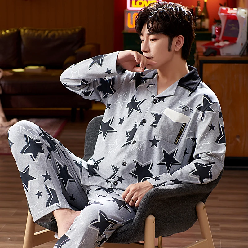 Пижама Мужская с длинным рукавом пижама из чистого хлопка одежда для сна