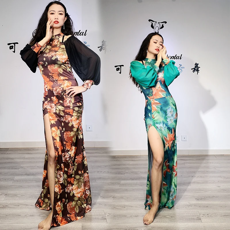 

Костюм для тренировок с принтом живота, новая одежда для тренировок восточных танцев, с открытыми плечами, с высоким воротником, осень и зим...