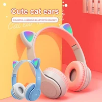 p47m led light cute cat ears wireless headphones with mic kid girl stereo music helmet phone bluetooth compatible headset