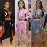 new sexy two piece set women shiny hollow out sequins lace up bandage crop top skinny pants matching set party outfits