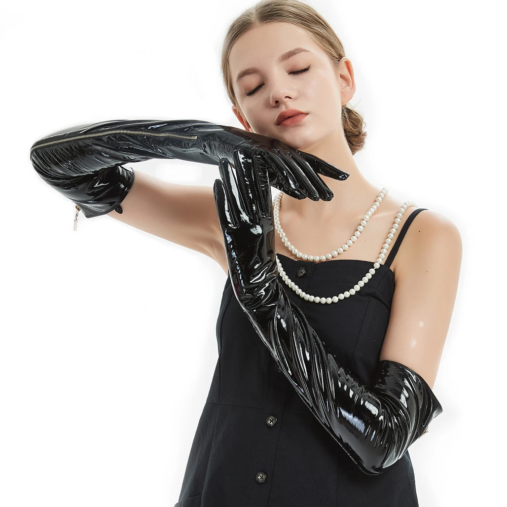 

60cm(23.6")long side real open zipper style real patent leather long opera gloves patent black