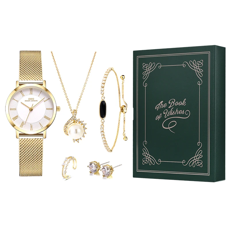 Набор золотых часов IBSO из нержавеющей стали с ремешком, подарок для женщин, японский механизм, ожерелье из натурального жемчуга, циркониевые серьги и браслет