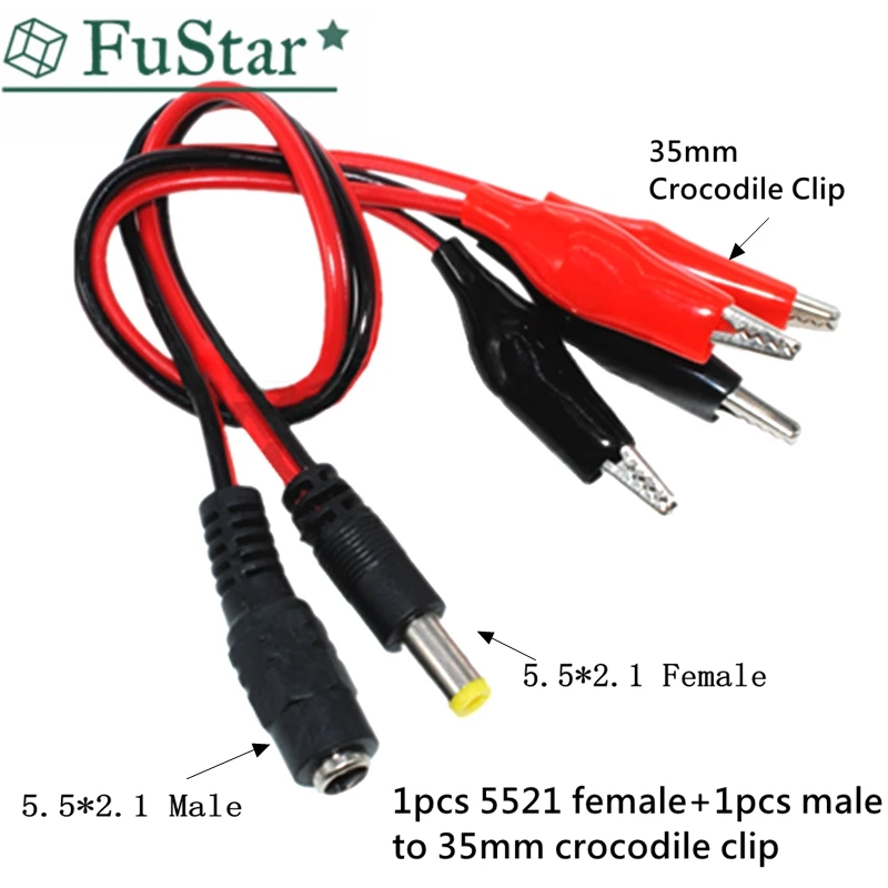 Адаптер для подключения 1 мужского или женского DC-разъема питания к 2 крокодильчикам-зажимам с проводом длиной 25 см и размером зажима 5,5 * 2,1 мм.