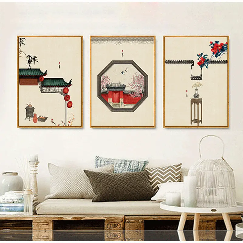 Ancient Buiding Peach Blossom Temple Nordic Poster Print Chinese Style Painting On The Wall Canvas Art Picture for Living Room | Дом и сад