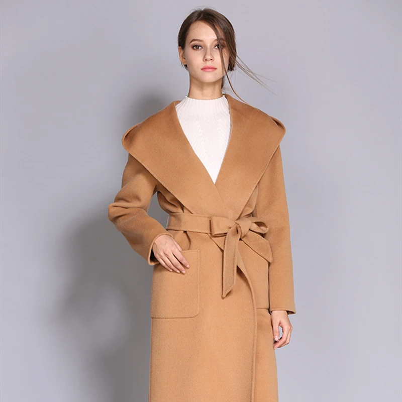 

2020 autumn and winter new Korean commuter hooded lapel mid-length lace-up slim double-sided cashmere coat women