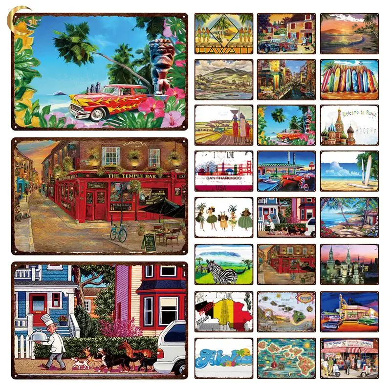

Country Tin Sign Landscape Vintage Metal Sign Retro Plates Plaque Beach Scenery Metal Sign Wall Poster for Kitchen Decoration