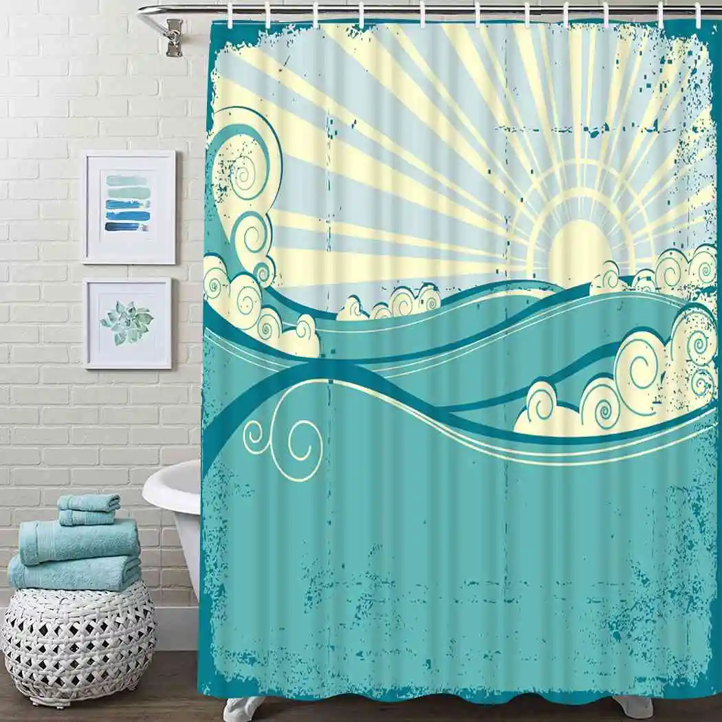 

Vintage Ocean Shower Curtain Waves Landscape Shower Curtain Waterproof Fabric For Bathroom Decor Shower Curtains Set With Hooks