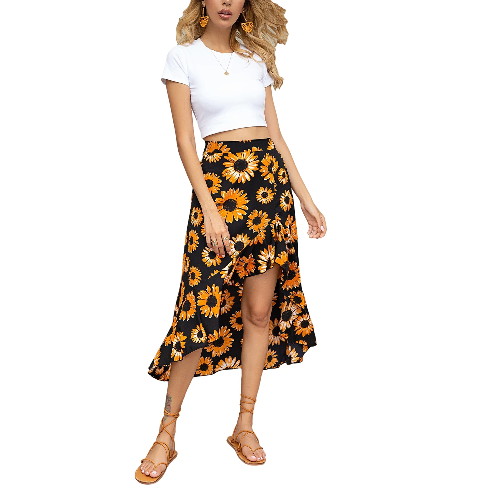 

Женская модная юбка с высокой талией и цветочным принтом, стильная юбка с асимметричным подолом для женщин