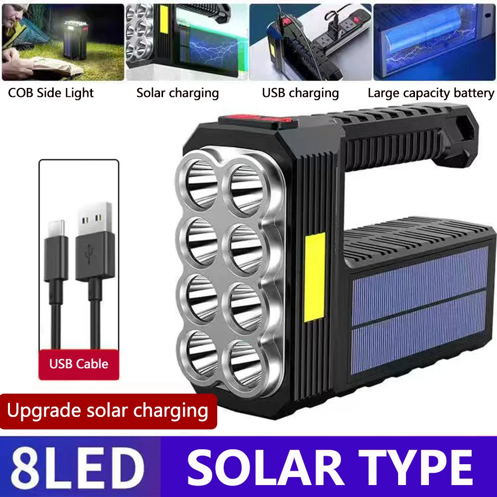 

Brightest Strong light flashlight 8 LED light source flashlamp with COB side light usb/solar rechargeable lantern portable torch