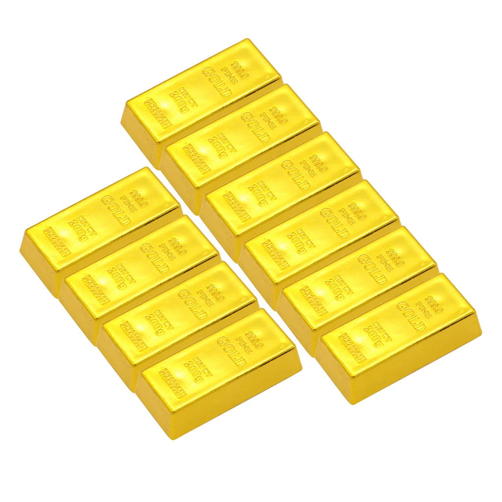 10Pcs Artificial Fake Plastic Fine Gold Bar Bullion Paper Weight Prop Halloween Fancy Party Decoration Display Kids Toy Gifts