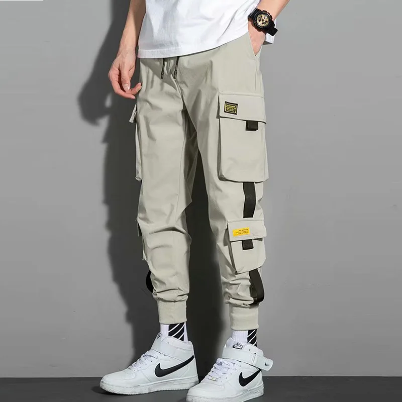 2021 Ribbons Black Men's Cargo Pants Side Pockets Casual Streetwear Pant Male Hip Hop Male Joggers Trousers Men Man Casual Pants