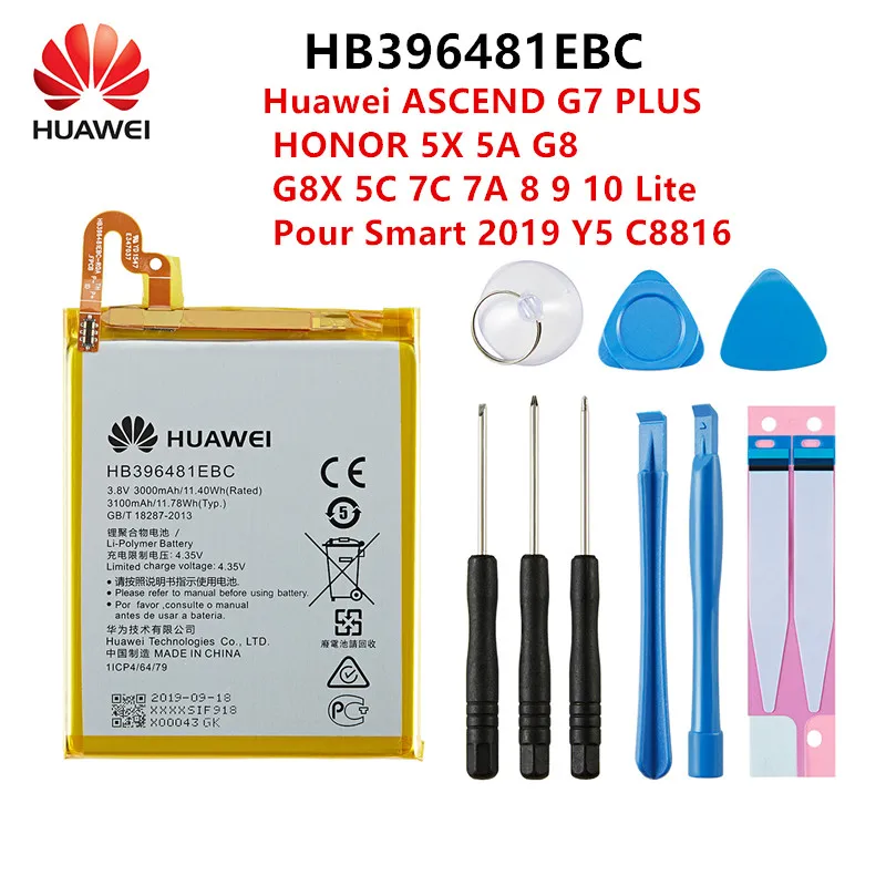 Оригинальный аккумулятор HB396481EBC для Huawei ASCEND G7 PLUS HONOR 5X 5A G8 G8X 5C 7C 7A 8 9 10 Lite Smart 100% Y5 + 2019