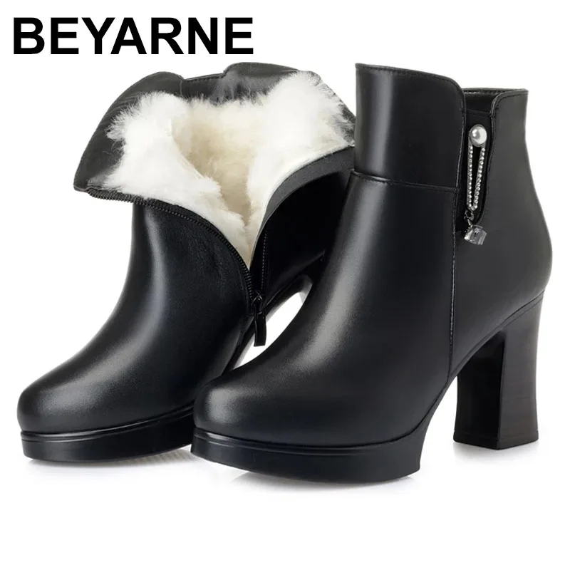 

BEYARNE 2021Fashion Genuine Leather Ankle Boots Women Winter Wool Warm Boots Black Thick High Heel Leather Boot Shoes