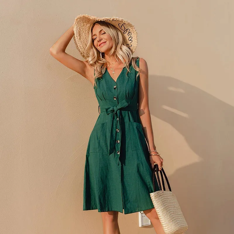 

Women Solid V-neck Pocket Single Breasted Tank Dress Casual Sleeveless A-line Midi Dress Summer Elegant Lady Cotton Button Dress