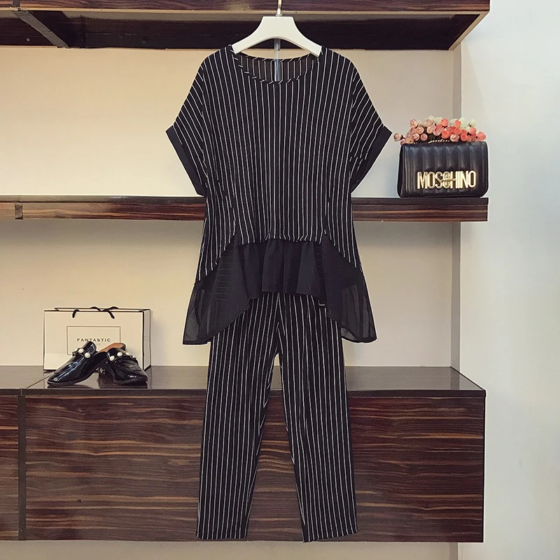 Sportwear Clothes Women Large Plus Size 5XL Suit Top And Pant Two Piece Tracksuit Matching Set Black Stripe Home Big Outfit |