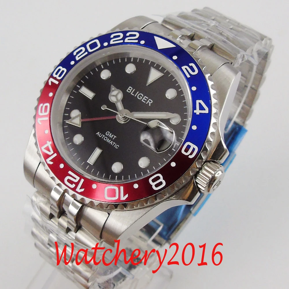 

40mm BLIGER Black Dial Red Blue Hands Mingzhu 3804 Movement Sapphire Date GMT Luminous Automatic jubilee Men's Watch