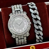 silver color watchbracelet watch set hip hop miami curb cuban chain iced out paved rhinestones cz bling rapper for men jewelry