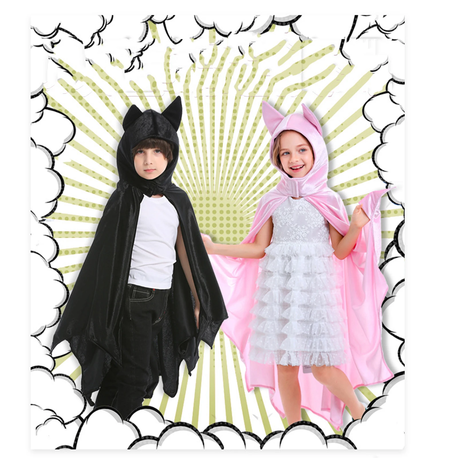

Girls Boy Black Bat Costume Halloween Hooded Jumpsuit Romper Cosplay Outfit With Wings For Child Teen Family Pack Christmas Gift