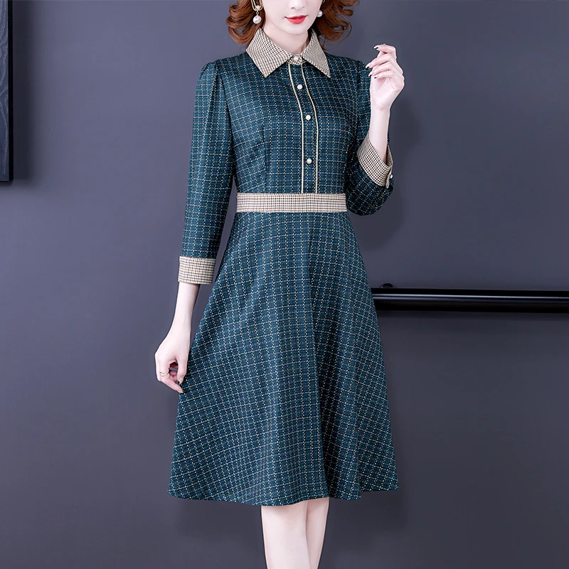 

Party Elegant Dark Green Plaid Dress Spring and Autumn 2021 New Fashion Three-quarter Sleeve A-line Dresses for Women Commuter