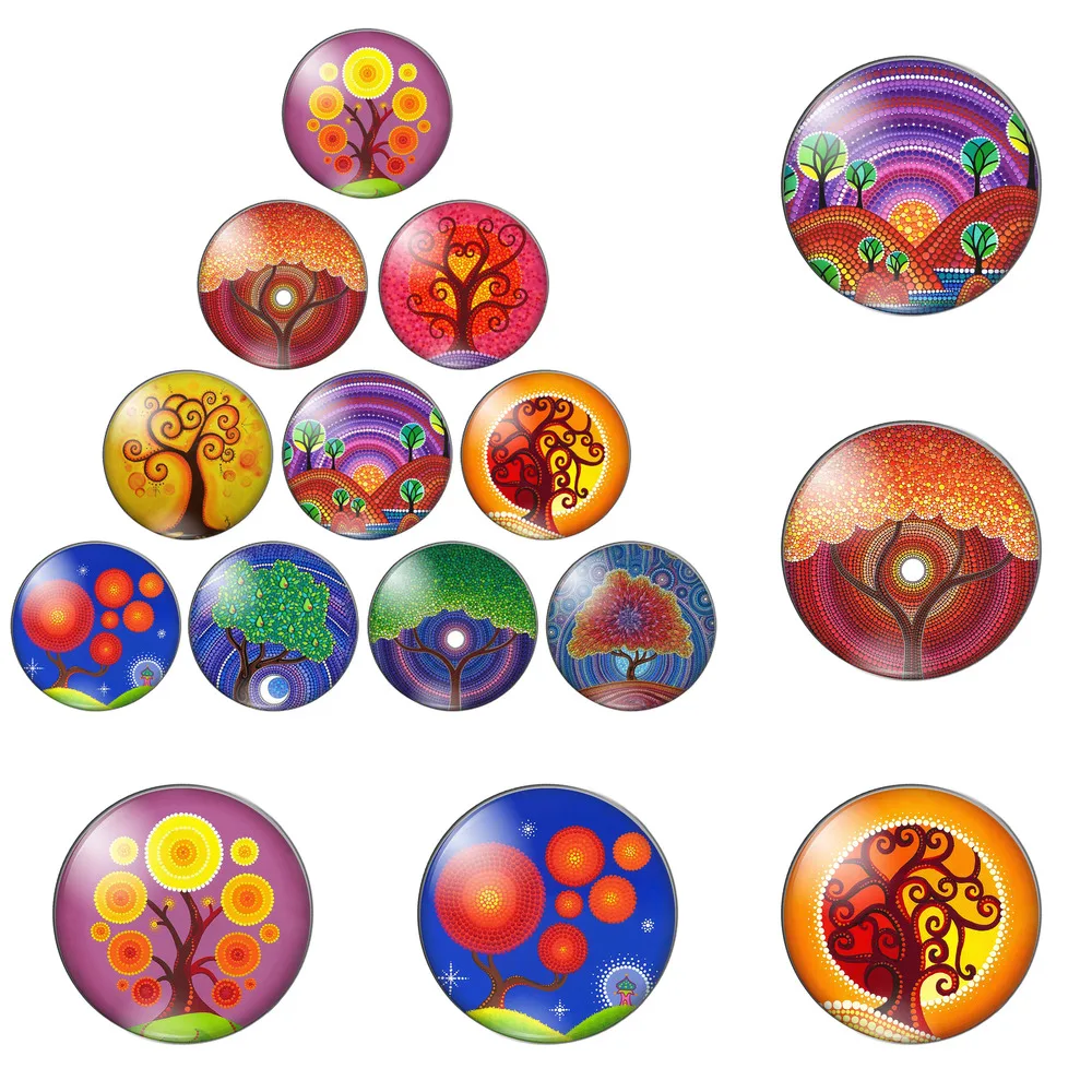 

12pcs/lot Colorful Life Trees Positive Color Painting 8mm-30mm Round Photo Glass Cabochon Demo Flat Back Making Findings