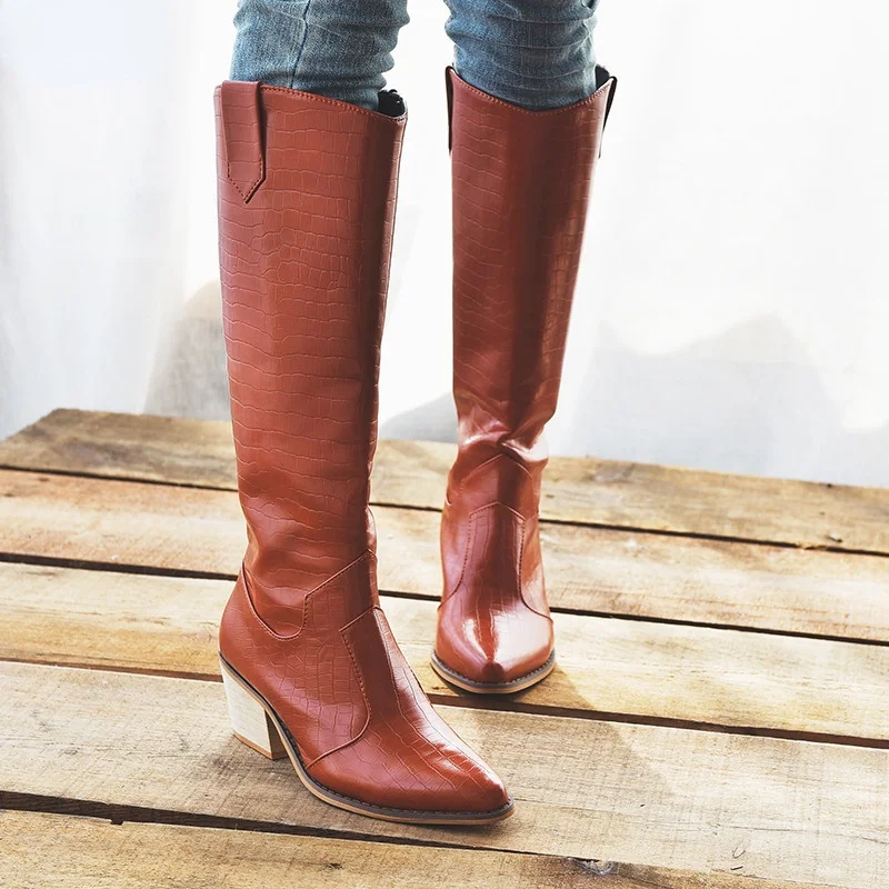 

Women PU Heels Modern Boots Female Knee High Retro Fashion Sexy Mature Shoes Adult Rubber Vulcanized Light Zapatos Mujer 2021