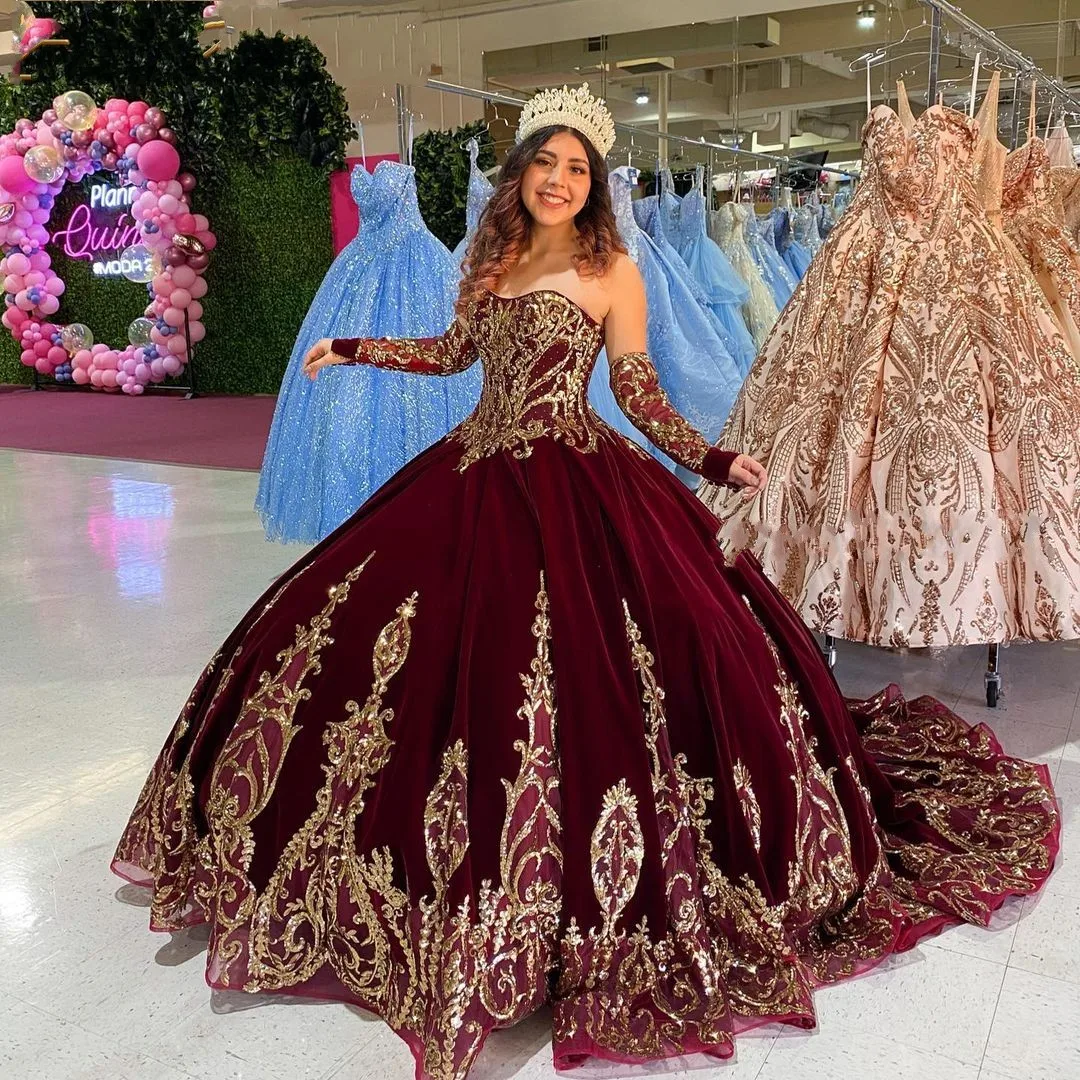 Burgendy 2021 бальное платье Quinceanera платья Свадебные милое с длинным рукавом сердечком