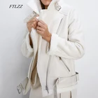 FTLZZ женская зимняя куртка из искусственной овечьей кожи Pu мотоциклетная куртка на молнии из искусственной кожи овечья шерсть меховой воротник теплая толстая верхняя одежда