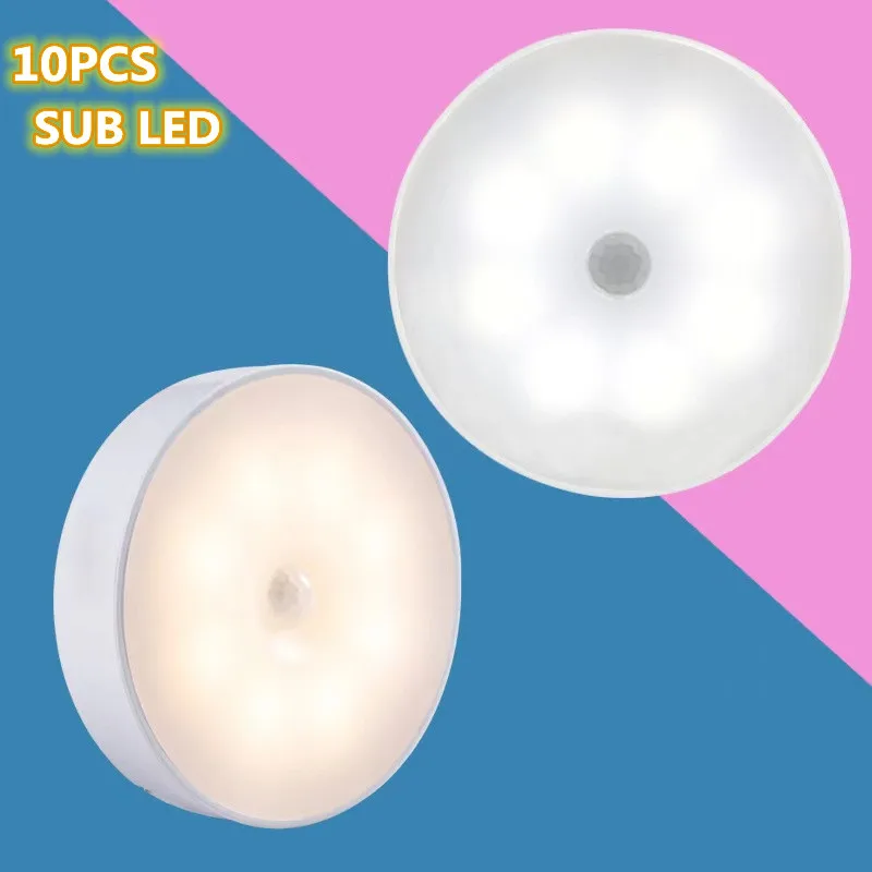 

10PCS USB Rechargeable LED PIR Sensor Night Light Automatic Switching Battery Power Closet Wall Light Home Bedroom Hallway