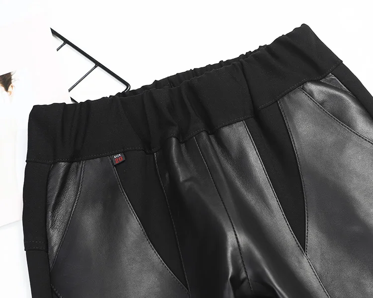 Stretch Real Leather pants Elastic Waist Genuine sheep Leather pant female Cloth Stitching Real Sheep Leather Pencil Pant F2370
