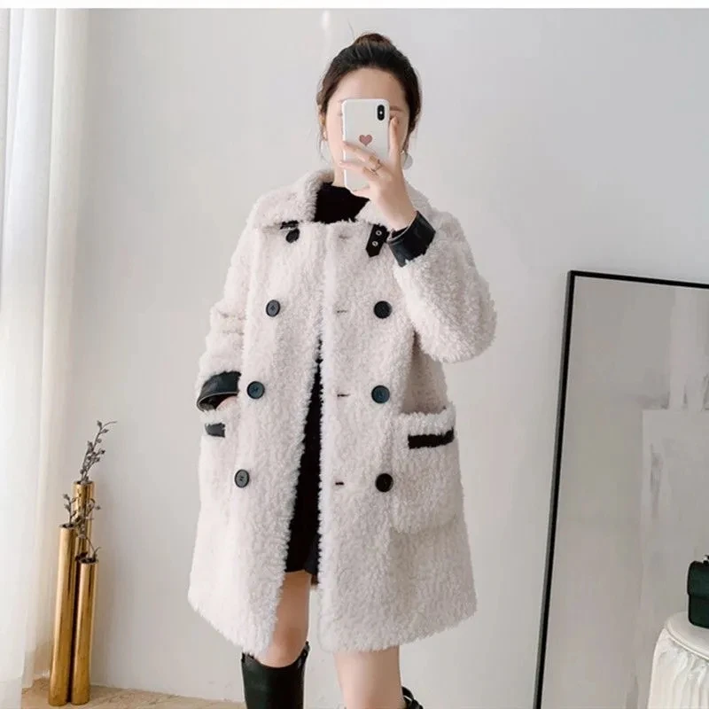 Autumn Winter Lamb Wool Fur Jacket Turn-Down Collar Double Breasted Women Double-Faced Fur Coat Korean Fashion Clothes Overcoat