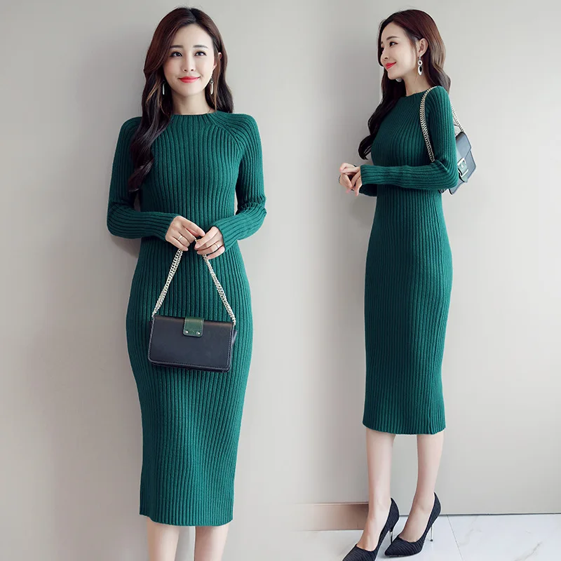Женское вязаное платье с длинным рукавом осенне зимнее облегающее базовое