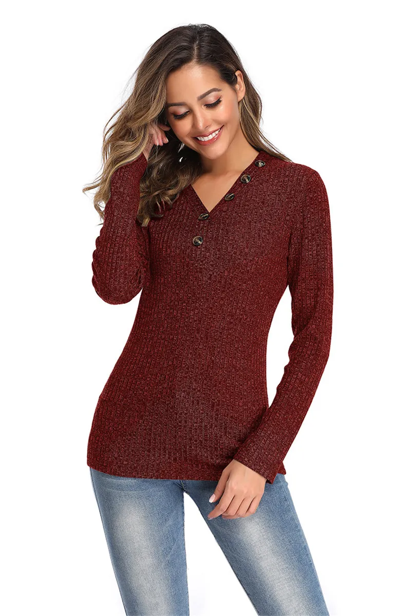 

Gray Knitting Sweaters Tops Female Casual Pullovers Women's Slim V-Neck Sweater Autumn Winter Vogue New Long Sleeve Button Soft
