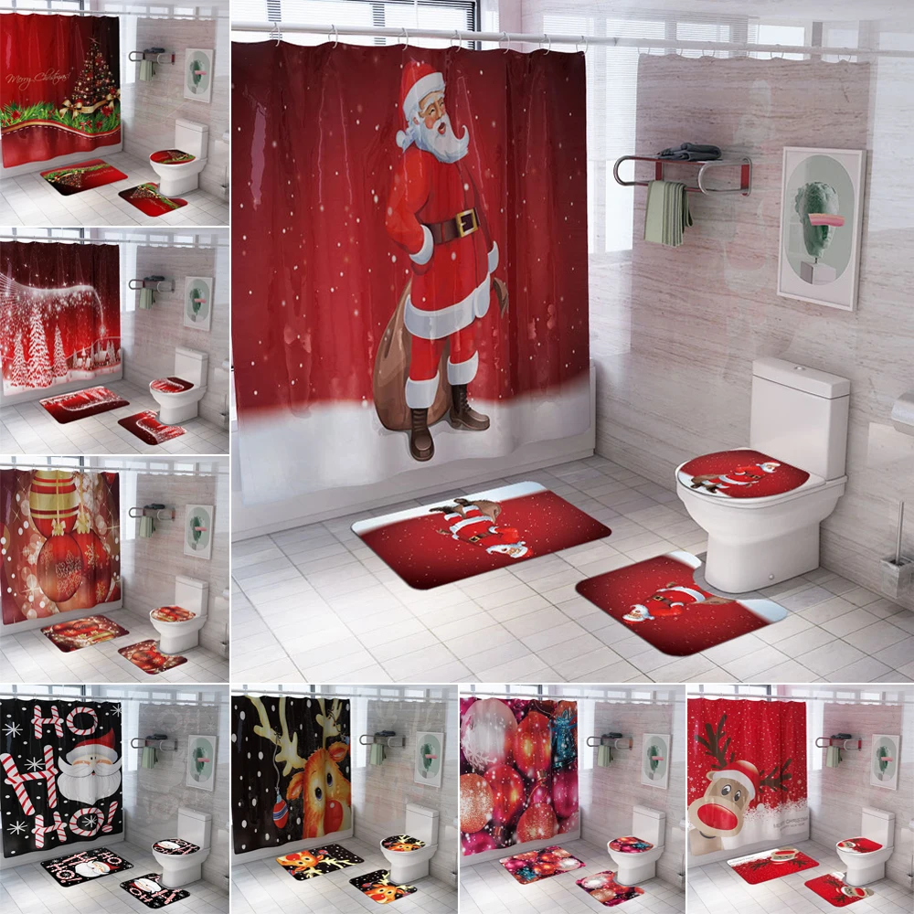 Christmas Bathroom Shower Curtains Suit Santa Claus Reindeer Snowflake Christmas Bell Pattern Toilet Cover Mat Non Slip Rug Set