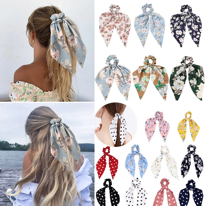 

Fashion Bohemia Printing Long Ribbon Ponytail Scarf Hair Tie Scrunchies Candy Color Hair Scrunchie Bows Ponytail Holder Hairband