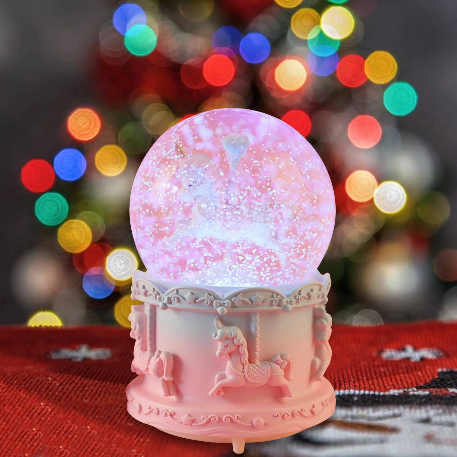 

Resin Pink/Purple Rotate Music Box Carousel Crystal Ball Snow Globe Children Birthday Valentine's Day Gift For Home Decoration