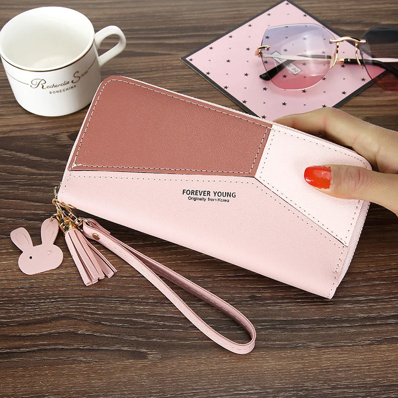 

Monederos Mujer 2020 New Korean Style Long Wallet Women Purses Colorblock Ladies Leather Wallet Fashion Tassel Cell Phone Purse
